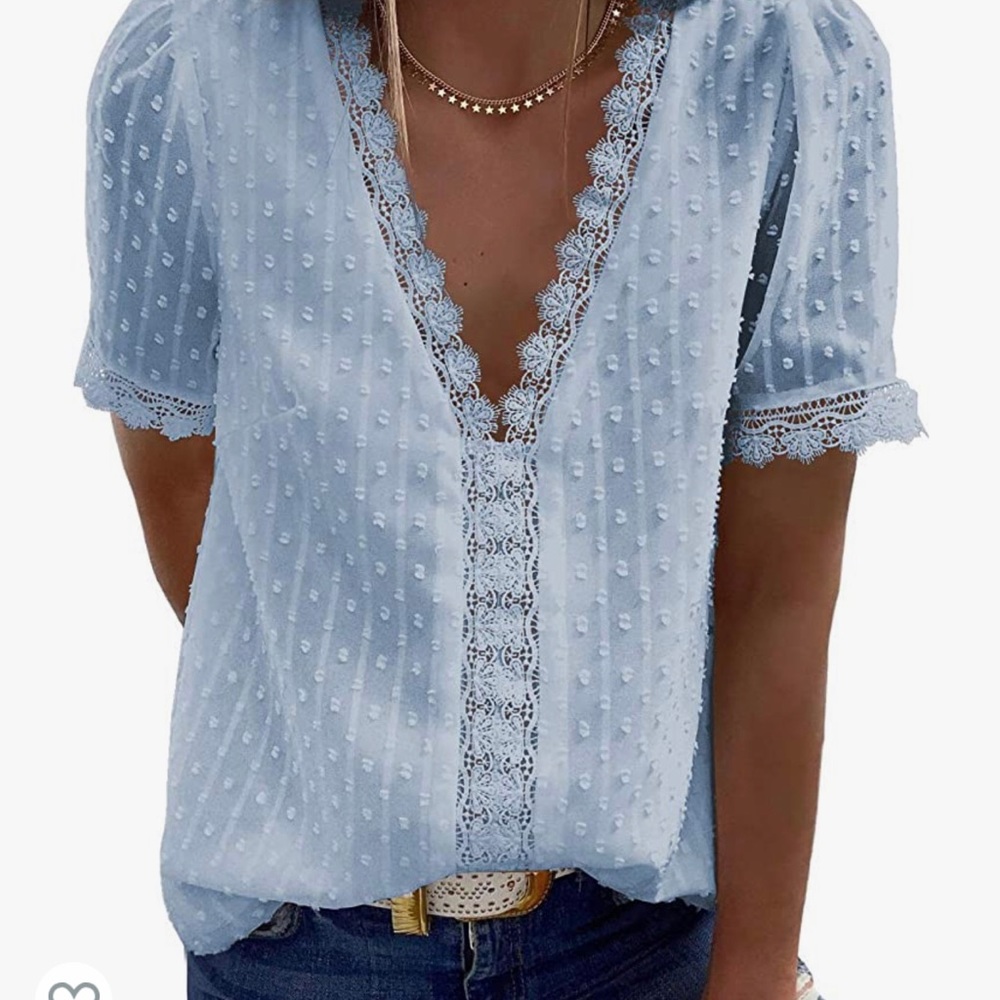 Baby blue Swiss dot v-neck short sleeve shirt